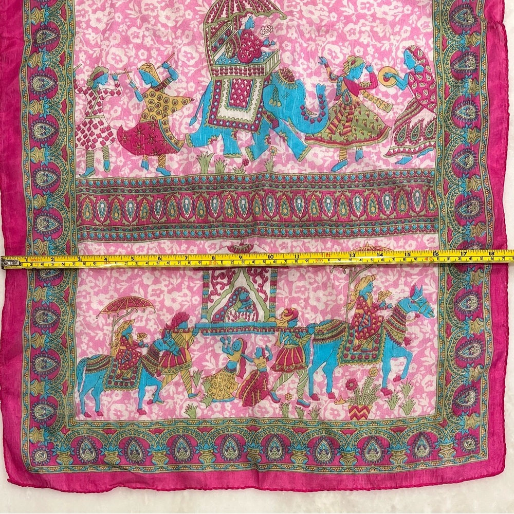 Vintage Silk Scarf Elephants Horses Paisley Pink Made India 18” X 68” Rectangle - Picture 8 of 16